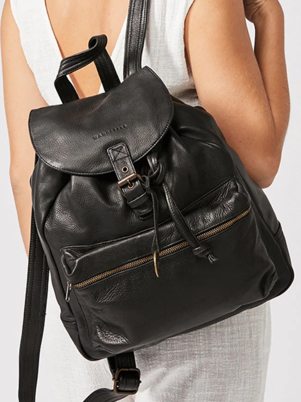 Black Leather Drawstring Backpack